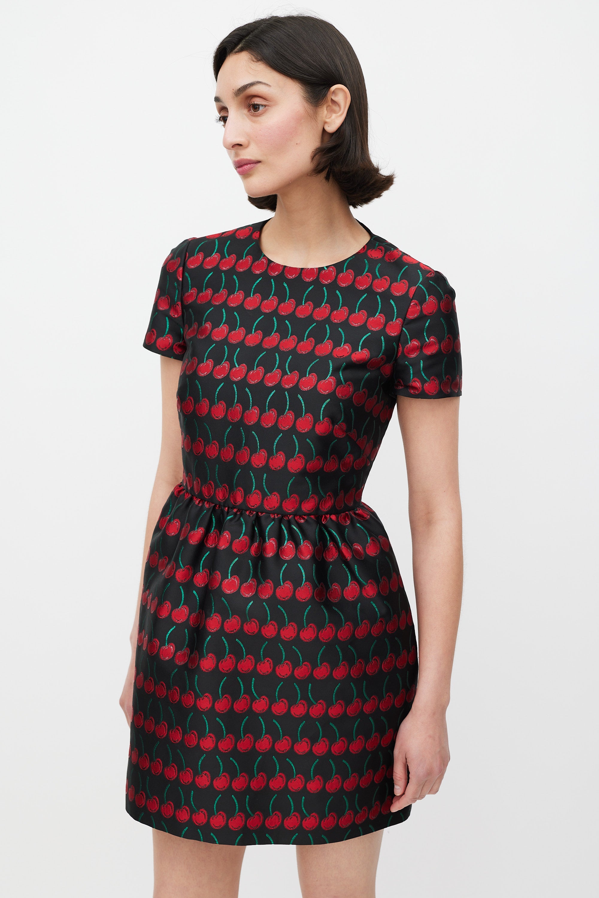 Red Valentino // Black Red & Green Cherry Brocade Dress VSP Consignment Red Valentino // Black Red & Green Cherry Brocade Dress VSP Consignment