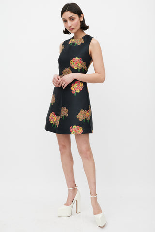 Red Valentino Black & Multicolour Floral Brocade A-Line Dress