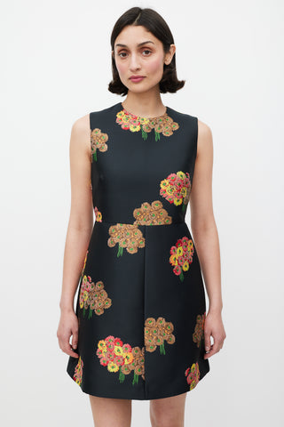 Red Valentino Black & Multicolour Floral Brocade A-Line Dress