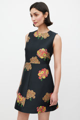 Red Valentino Black & Multicolour Floral Brocade A-Line Dress