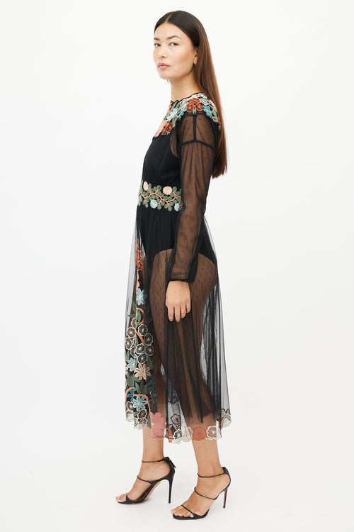 Red Valentino Black & Multicolour Floral Embroidered Sheer Dress