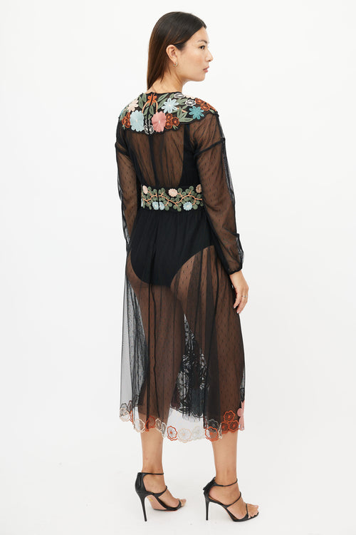 Red Valentino Black & Multicolour Floral Embroidered Sheer Dress