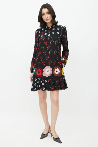 Red Valentino Black & Multicolour Floral Silk Ruffled Dress