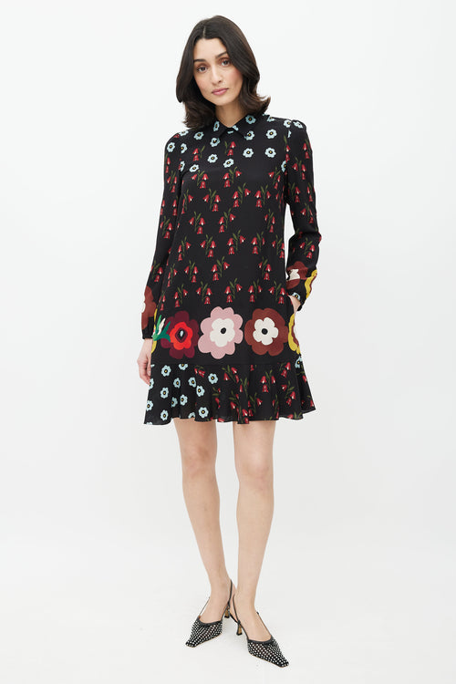 Red Valentino Black & Multicolour Floral Silk Ruffled Dress