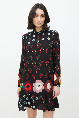 Red Valentino Black & Multicolour Floral Silk Ruffled Dress