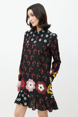 Red Valentino Black & Multicolour Floral Silk Ruffled Dress