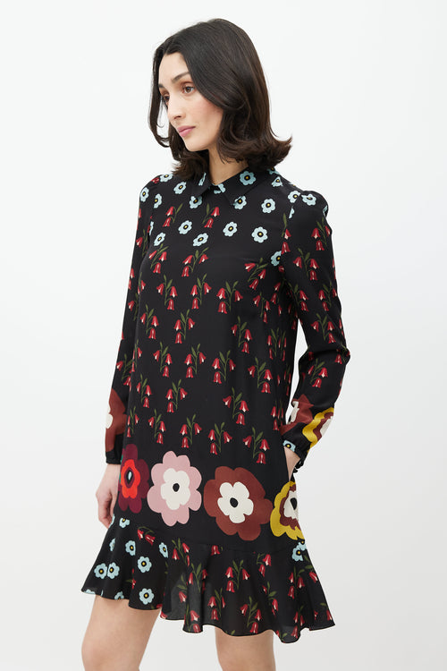 Red Valentino Black & Multicolour Floral Silk Ruffled Dress