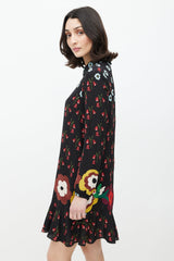 Red Valentino Black & Multicolour Floral Silk Ruffled Dress