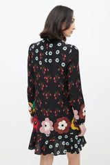 Red Valentino Black & Multicolour Floral Silk Ruffled Dress