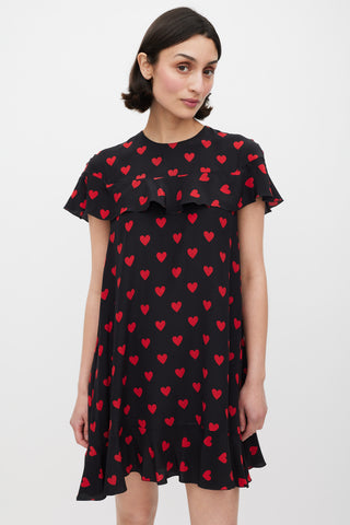 Red Valentino Black & Red Silk Heart Printed Dress