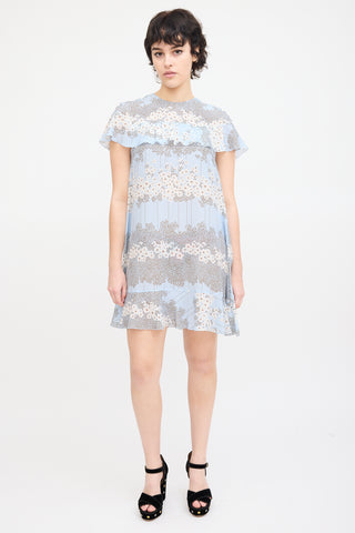 Red Valentino Light Blue & Multi Silk Floral Flounce Dress