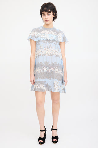 Red Valentino Light Blue & Multi Silk Floral Flounce Dress