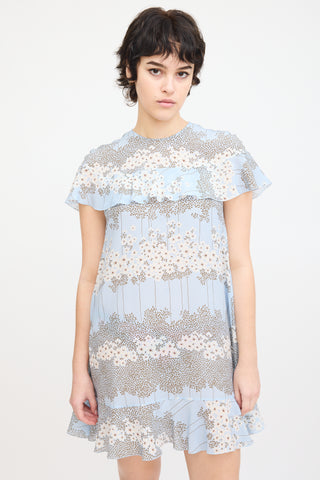 Red Valentino Light Blue & Multi Silk Floral Flounce Dress