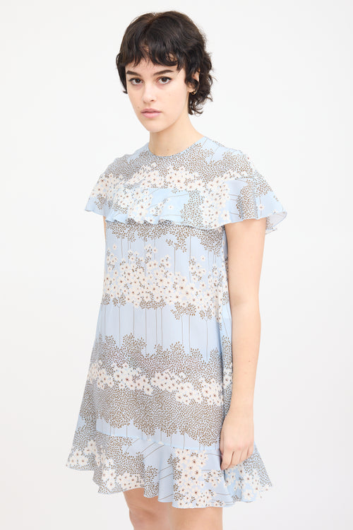 Red Valentino Light Blue & Multi Silk Floral Flounce Dress