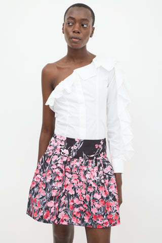 Red Valentino Pink & Black Floral Gathered Mini Skirt