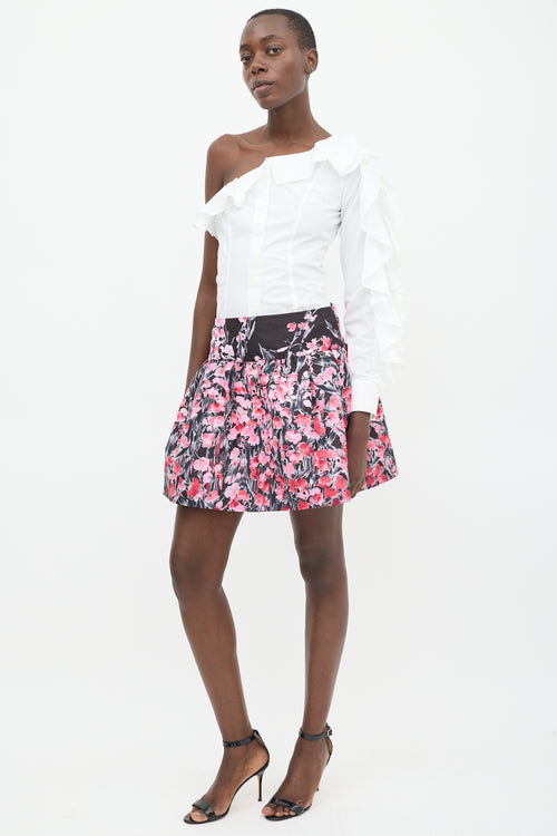 Red Valentino Pink & Black Floral Gathered Mini Skirt