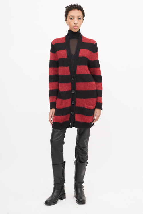 Red Valentino Red & Black Mohair Striped Cardigan