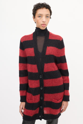 Red Valentino Red & Black Mohair Striped Cardigan