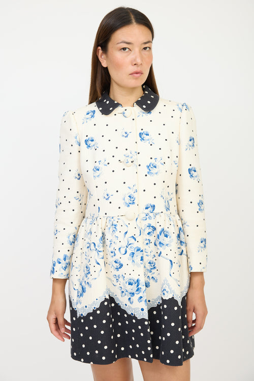 Red Valentino White & Blue Floral Polka Dot Coat