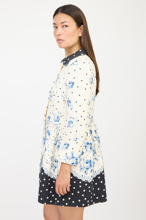 Red Valentino White & Blue Floral Polka Dot Coat