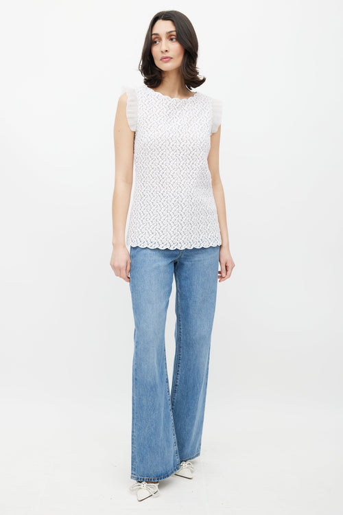 Red Valentino White Embroidered Floral Pleated Top