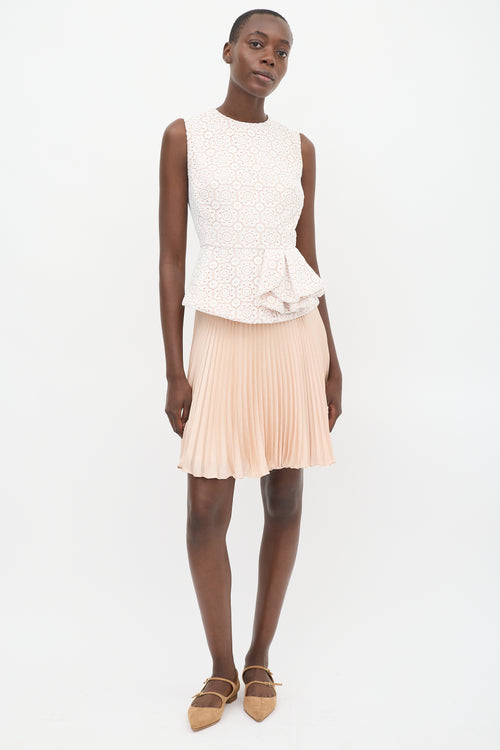 Red Valentino White & Pink Floral Lace Pleated Peplum Top