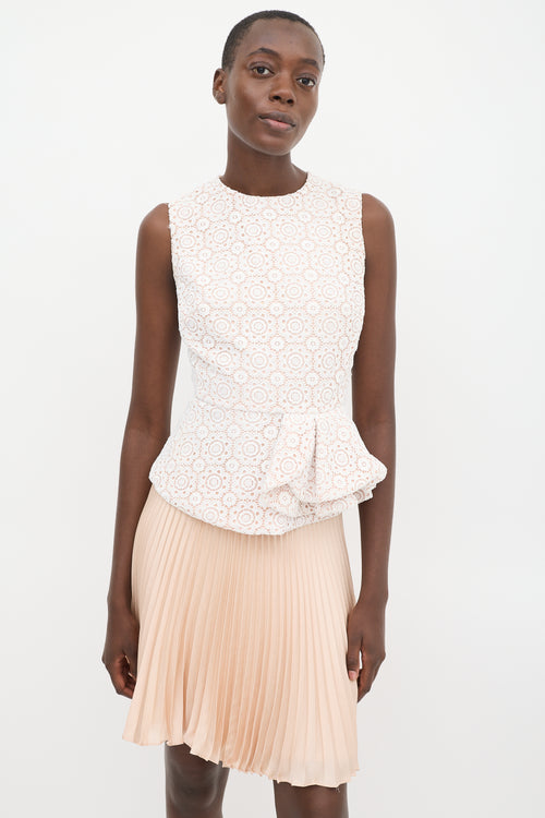 Red Valentino White & Pink Floral Lace Pleated Peplum Top