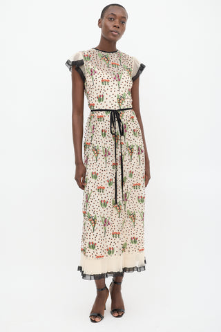 Red Valentino Beige & Multicolour Mesh Floral Embroidered Overlay Dress