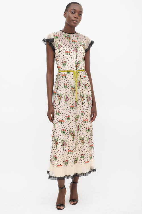 Red Valentino Beige & Multicolour Mesh Floral Embroidered Overlay Dress