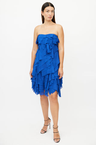 Reem Acra Blue Strapless Ruffle Dress
