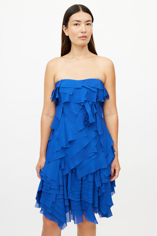 Reem Acra Blue Strapless Ruffle Dress