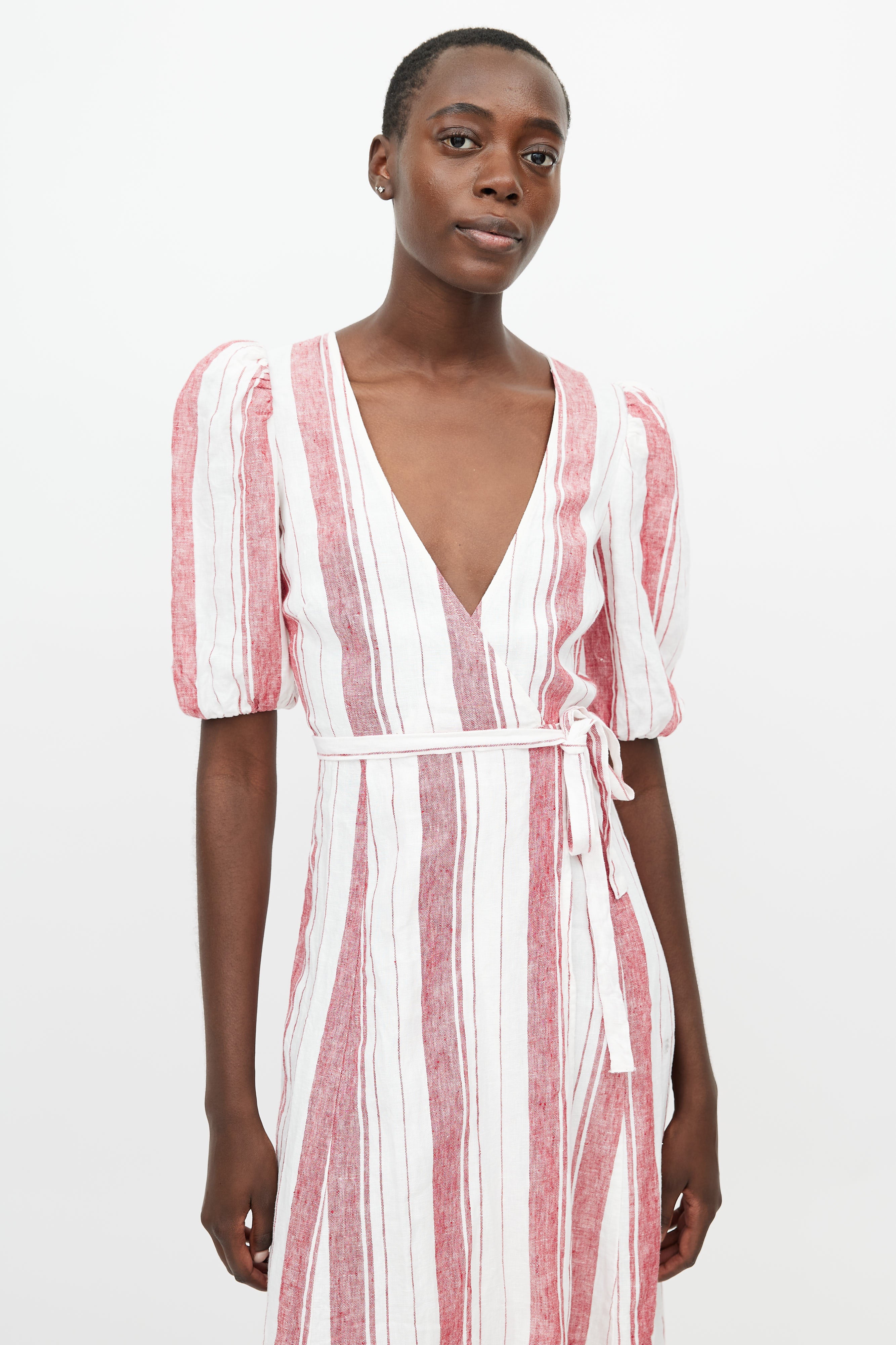 Reformation // White & Red Linen Stripes Wrap Dress VSP Consignment Reformation // White & Red Linen Stripes Wrap Dress VSP Consignment