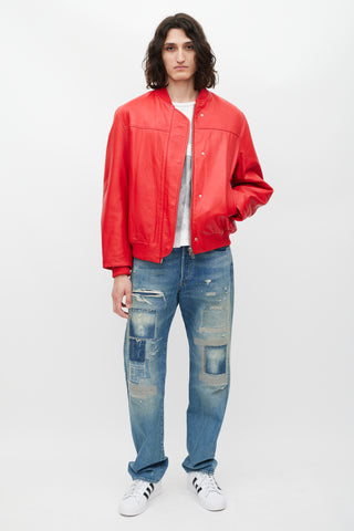 Remain Red Padded Leather Bomber Jacket