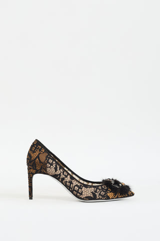 Rene Caovilla Beige & Black Lace Embellished Pump