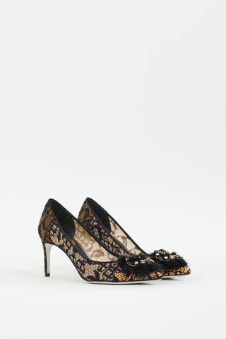 Rene Caovilla Beige & Black Lace Embellished Pump