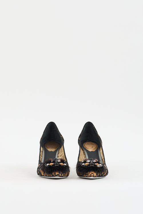 Rene Caovilla Beige & Black Lace Embellished Pump