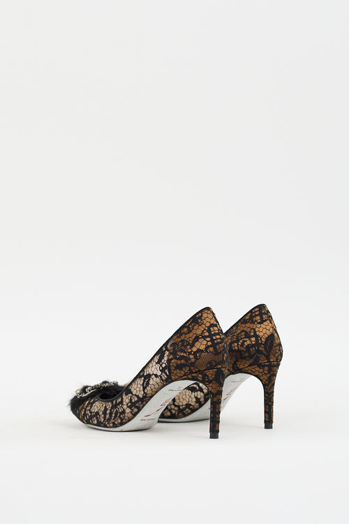 Rene Caovilla Beige & Black Lace Embellished Pump