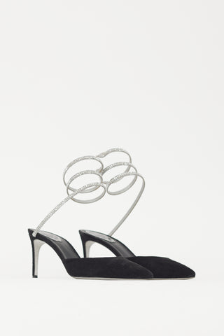 Rene Caovilla Black & Silver Suede & Crystal Cleo Heel