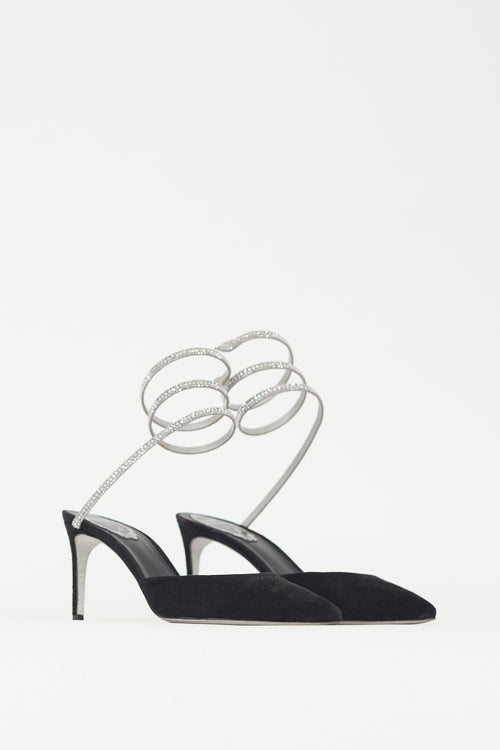 Rene Caovilla Black & Silver Suede & Crystal Cleo Heel