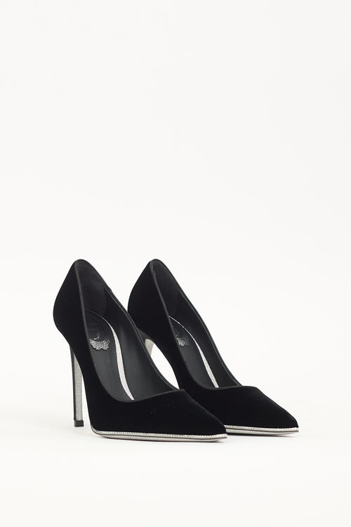 Rene Caovilla Black Velvet Crystal Trim Pump