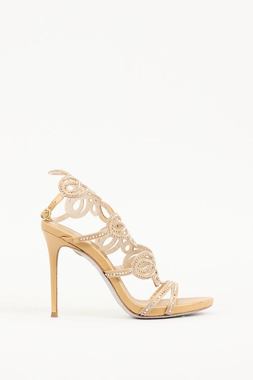 Rene Caovilla Gold Satin Laser Cut Embellished Heel