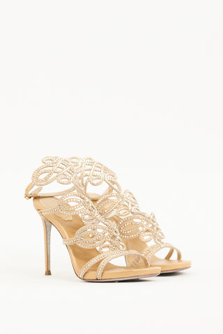 Rene Caovilla Gold Satin Laser Cut Embellished Heel