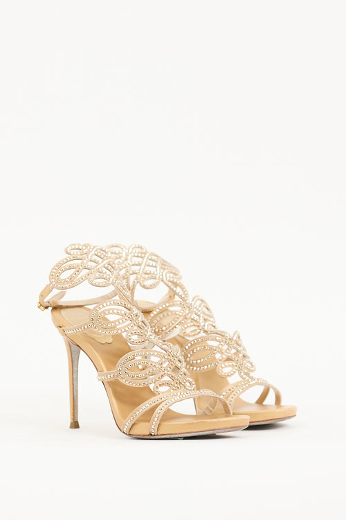 Rene Caovilla Gold Satin Laser Cut Embellished Heel