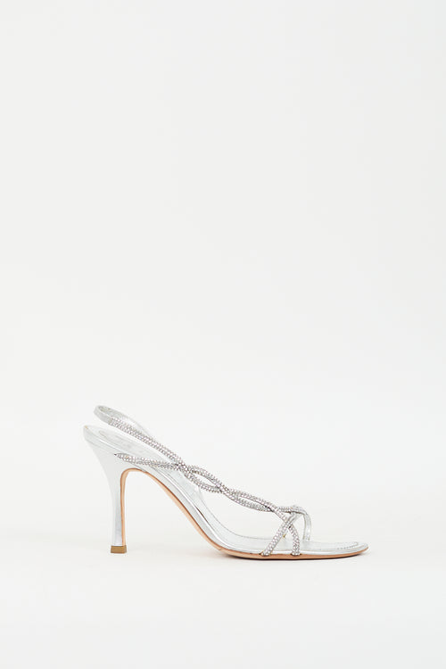 Rene Caovilla Silver Leather Rhinestone Slingback Heel