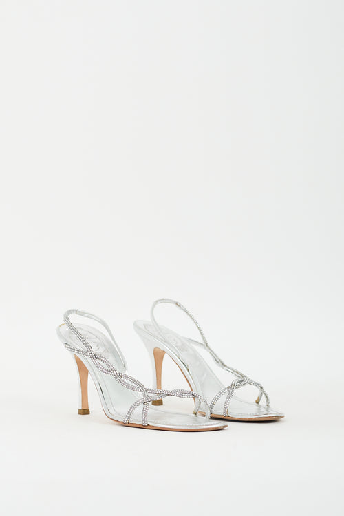 Rene Caovilla Silver Leather Rhinestone Slingback Heel