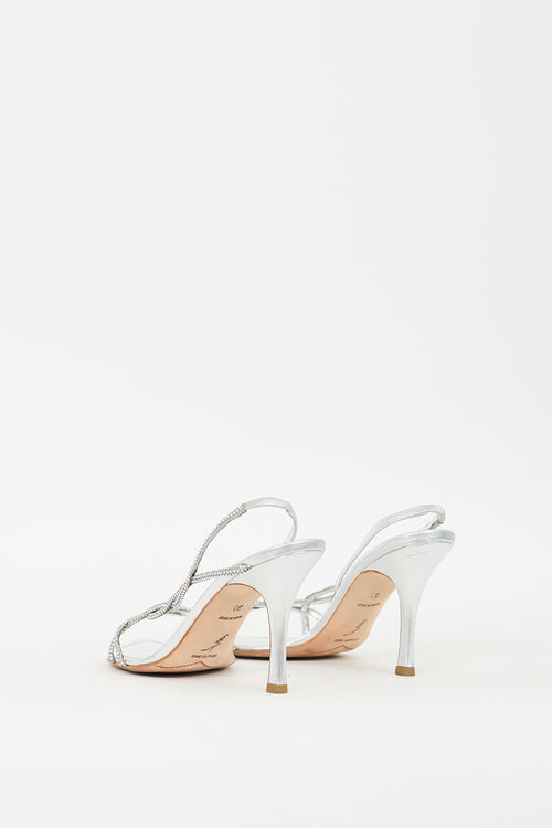 Rene Caovilla Silver Leather Rhinestone Slingback Heel