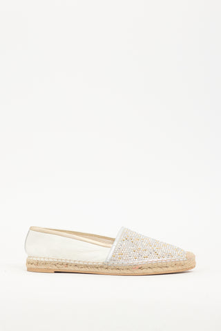 Rene Caovilla White Leather Crystal Embellished Flat