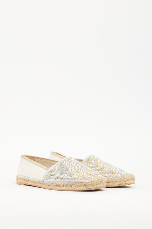 Rene Caovilla White Leather Crystal Embellished Flat