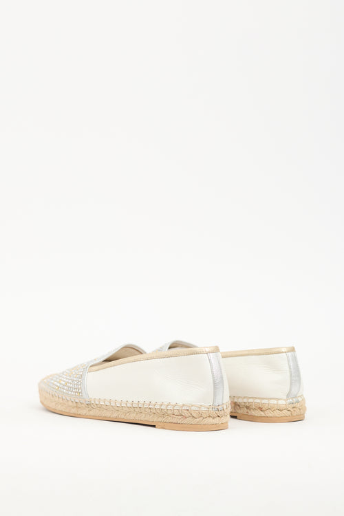 Rene Caovilla White Leather Crystal Embellished Flat