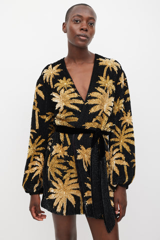 Retrofête Black & Gold Sequinned Palm Tree Gabrielle Dress